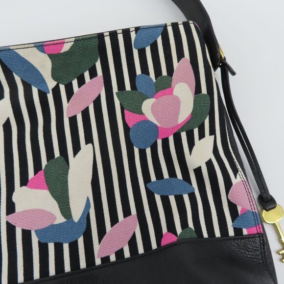 Fossil Maya Hobo Black Pebbled Leather Stripe Flower Floral Canvas Shoulder Bag - Picture 3 of 16